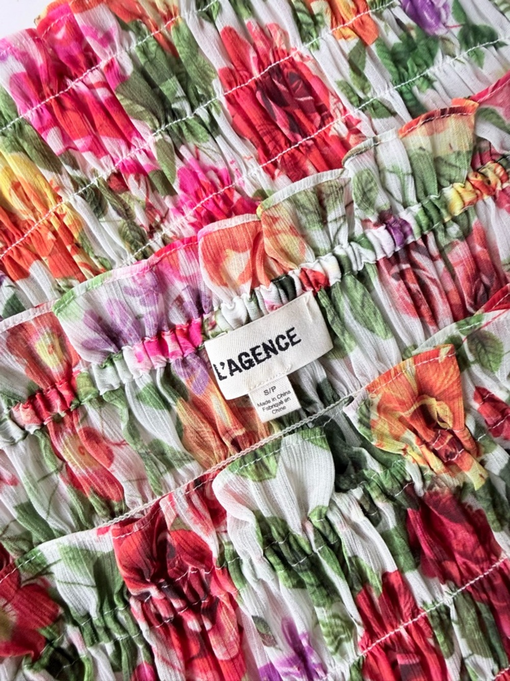 L’Agence Bexley Off Shoulder Smocked Top in White Multi Garden Floral S $260 - Picture 10 of 15